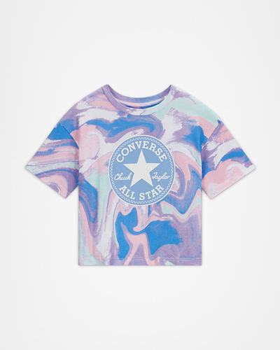 Girls' Converse Dye Printed Chuck Taylor Patch Boxy T-Shirts Royal | Australia-95621