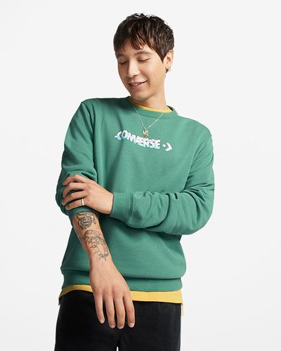 Men's Converse Cloud Graphic Long Sleeve Crew Sweatshirts Green | Australia-35140