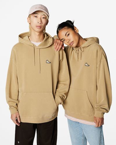 Men's Converse Go-To Sneaker Patch Loose Fit Pullover Hoodies Khaki | Australia-21509