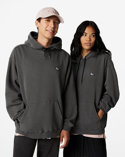 Men's Converse Go-To Sneaker Patch Loose Fit Pullover Hoodies Black | Australia-52780