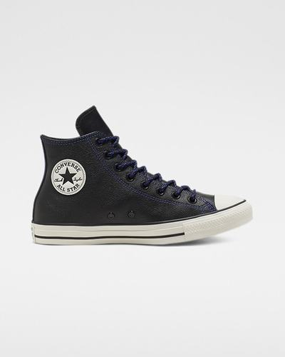 Women's Converse Tumbled Leather Chuck Taylor All Star High Top Sneakers Black/Royal | Australia-67804