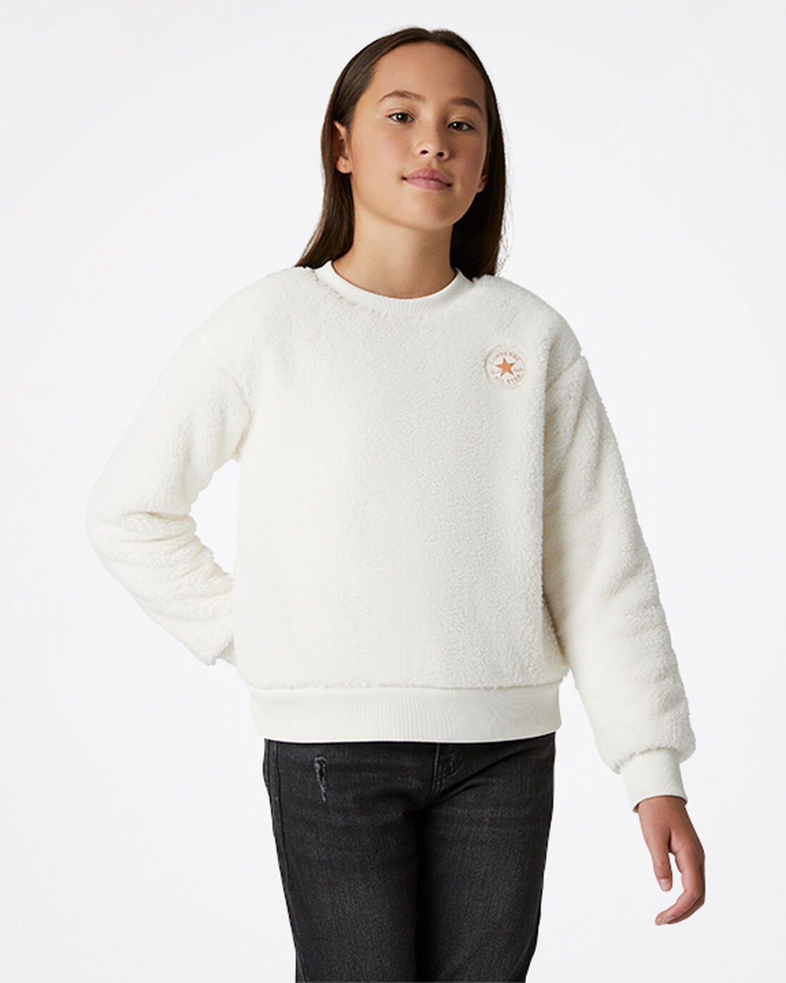 Girls\' Converse Sherpa Crewneck Sweatshirts Beige | Australia-05647