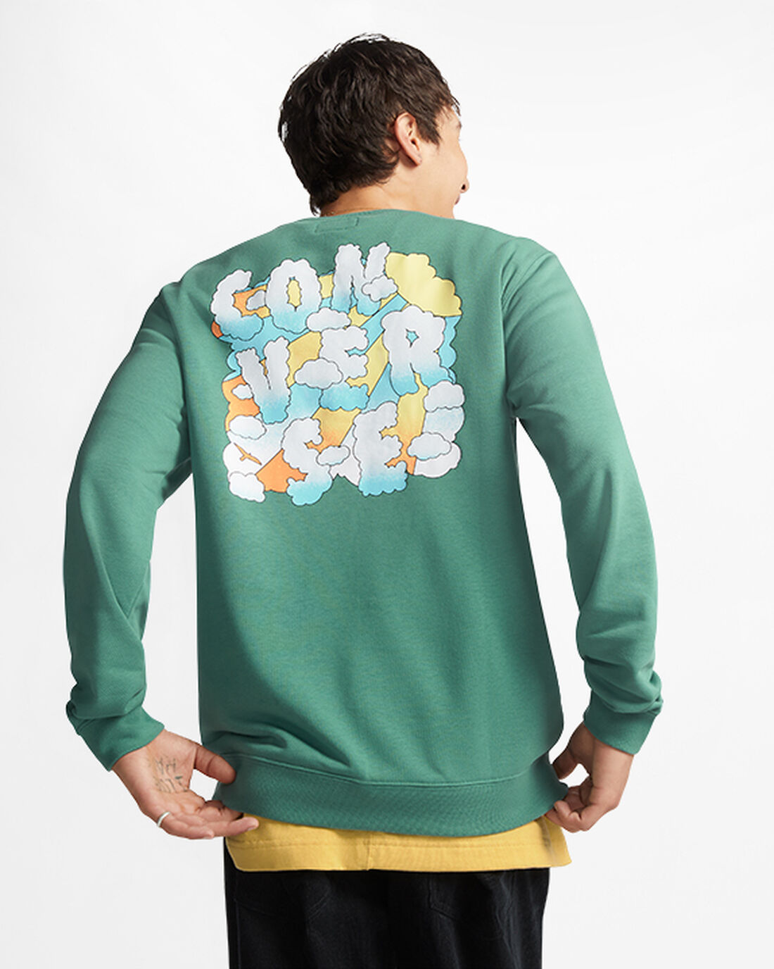 Men's Converse Cloud Graphic Long Sleeve Crew Sweatshirts Green | Australia-35140