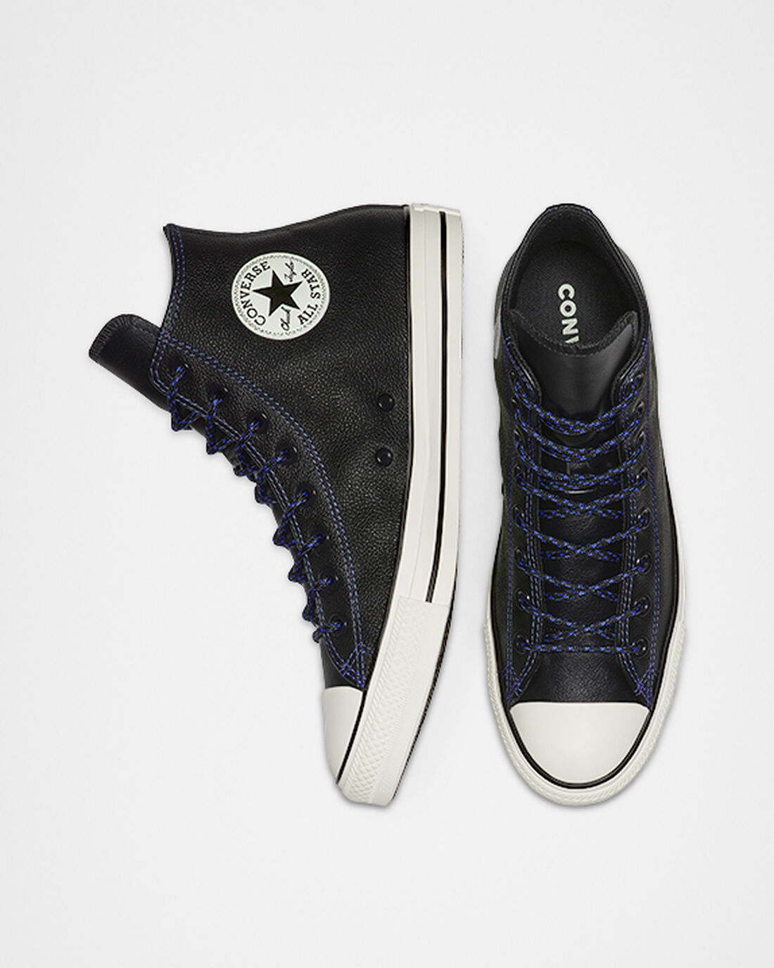 Men's Converse Tumbled Leather Chuck Taylor All Star High Top Sneakers Black/Royal | Australia-51706