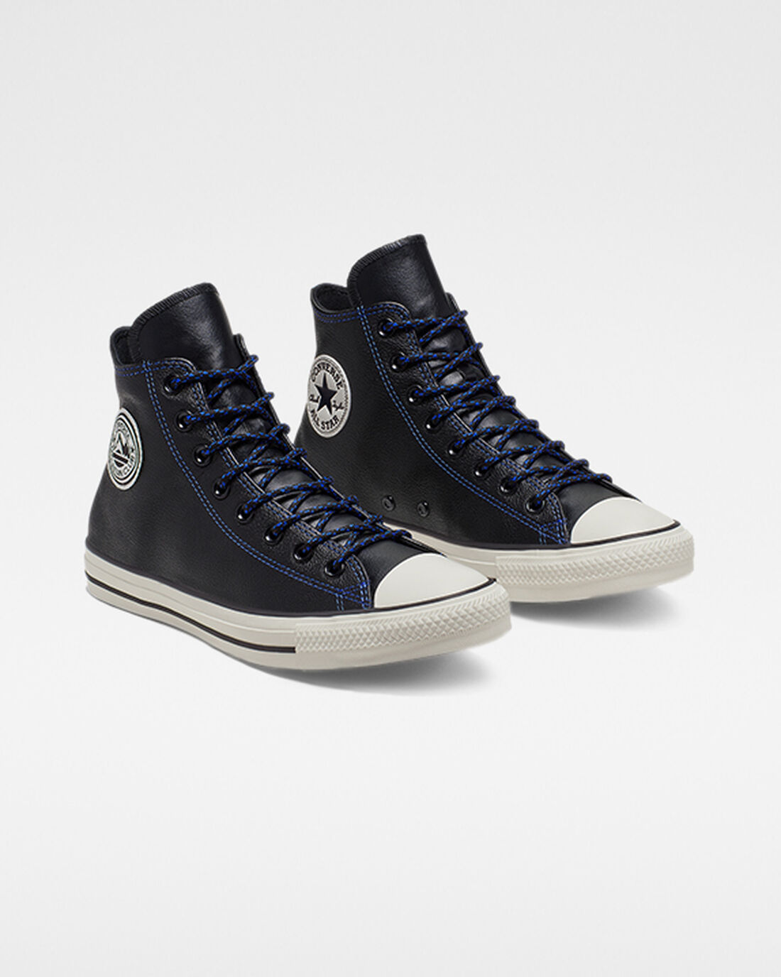 Men's Converse Tumbled Leather Chuck Taylor All Star High Top Sneakers Black/Royal | Australia-51706