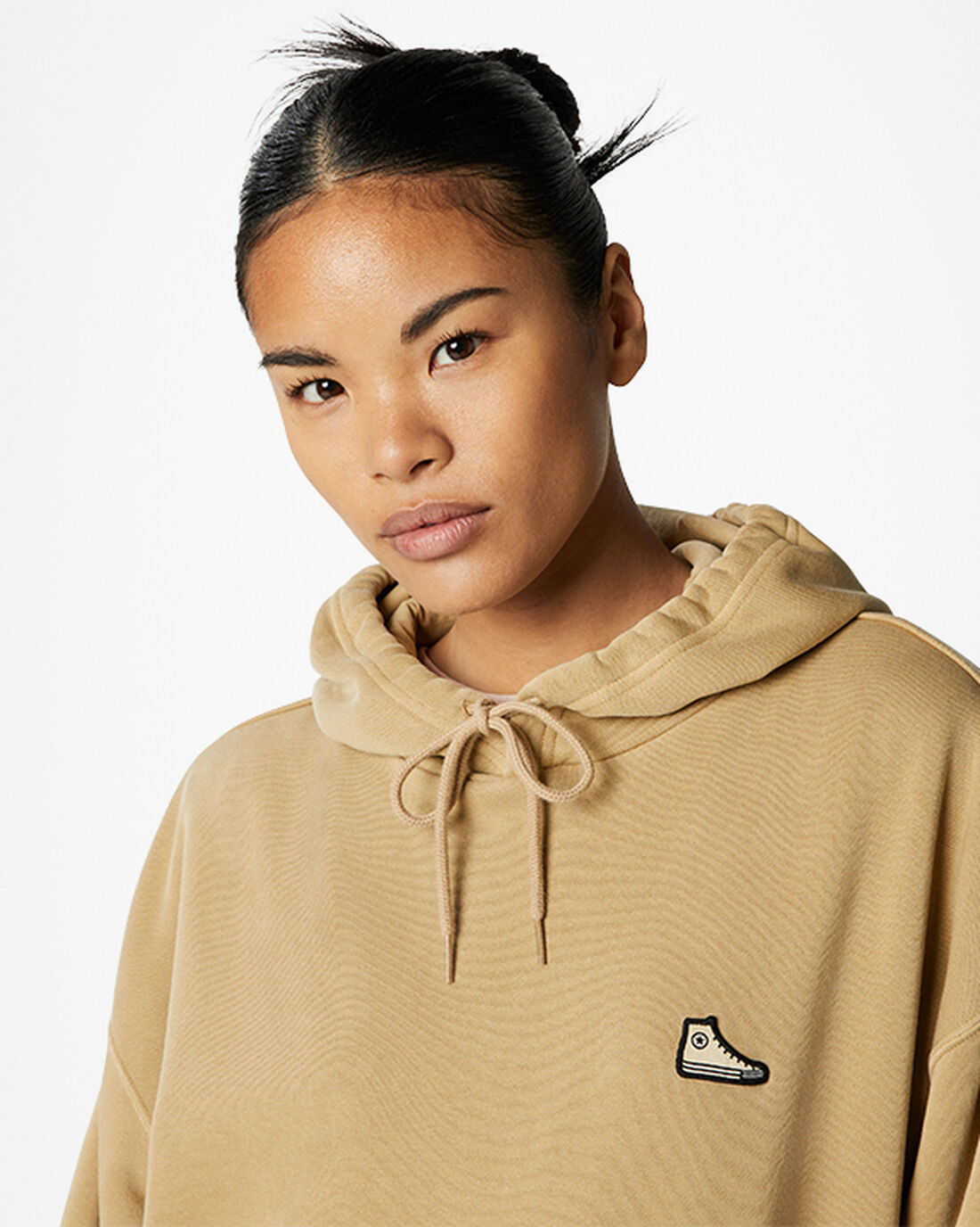 Women's Converse Go-To Sneaker Patch Loose Fit Pullover Hoodies Khaki | Australia-95634