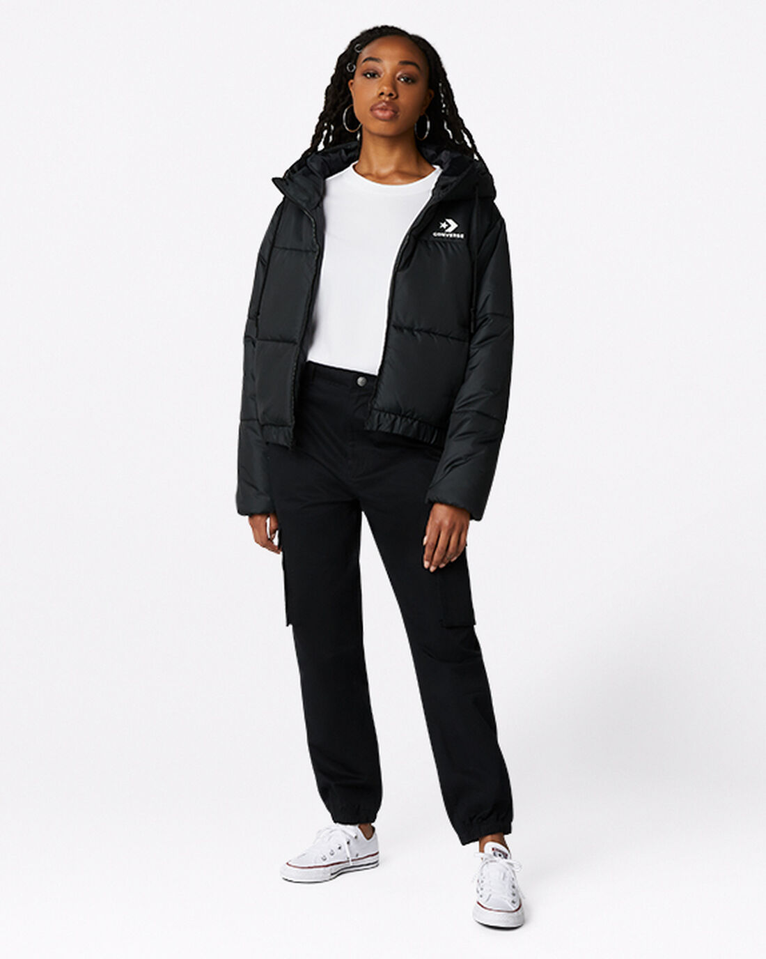 Women's Converse Short Hooded Puffer Jackets Black | Australia-35620