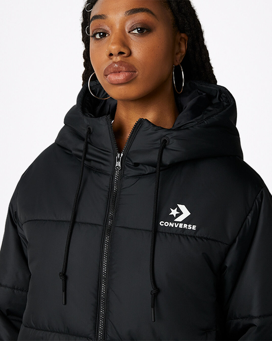 Women's Converse Short Hooded Puffer Jackets Black | Australia-35620