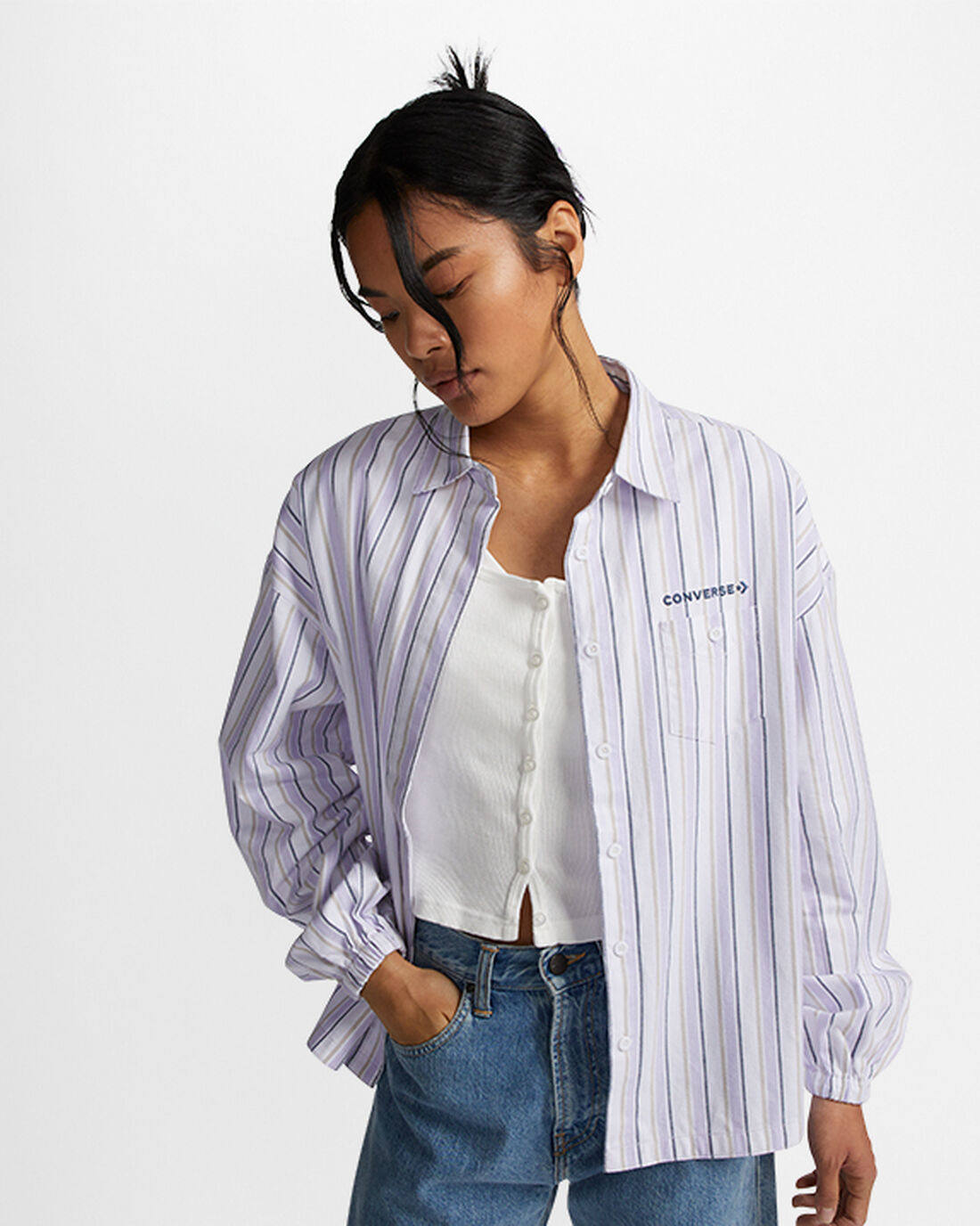 Women\'s Converse Striped Woven Button-Up Shirts Purple | Australia-23074